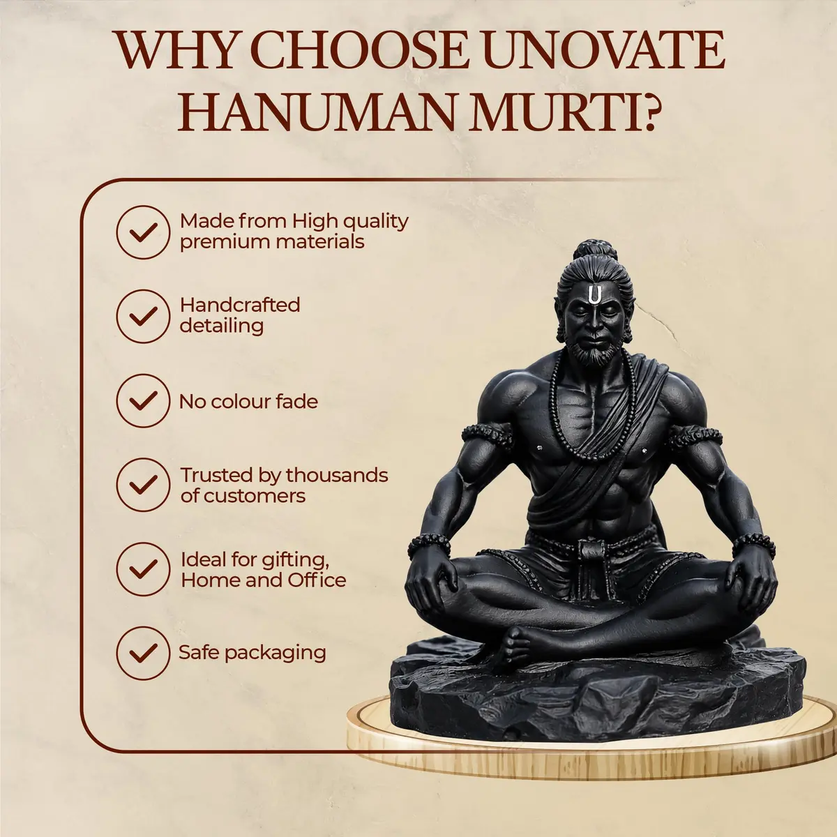 UNOVATE Lord Hanuman Idol for Car Dashboard, Home, Office Desk – Peace & Prosperity, Black Matte Finish - view 9