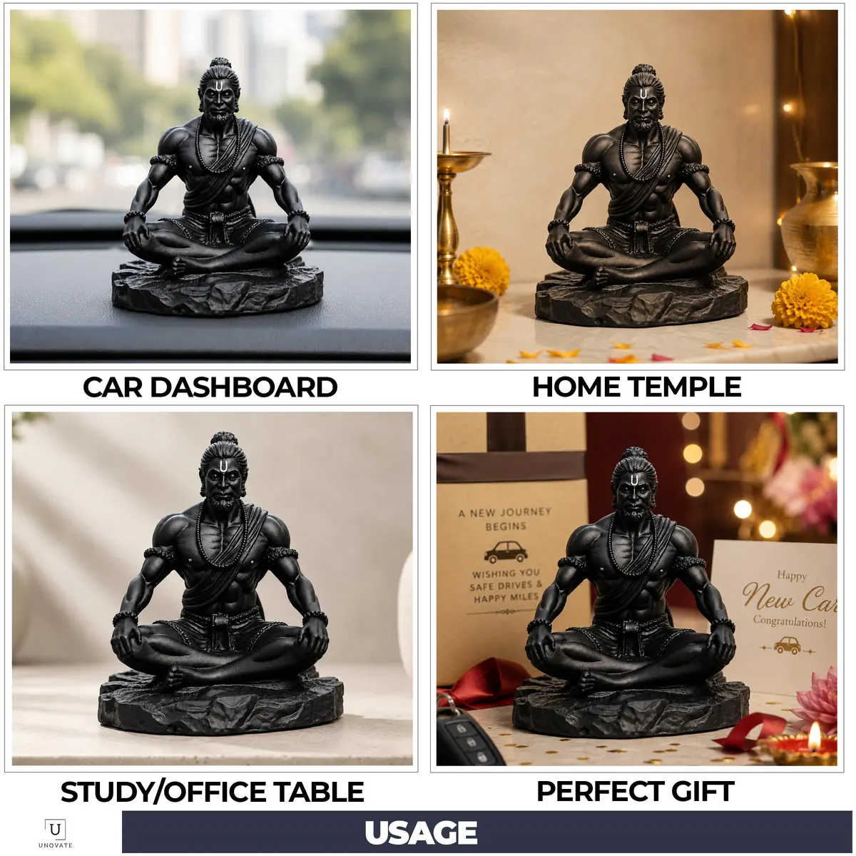 UNOVATE Lord Hanuman Idol for Car Dashboard, Home, Office Desk – Peace & Prosperity, Black Matte Finish - view 3