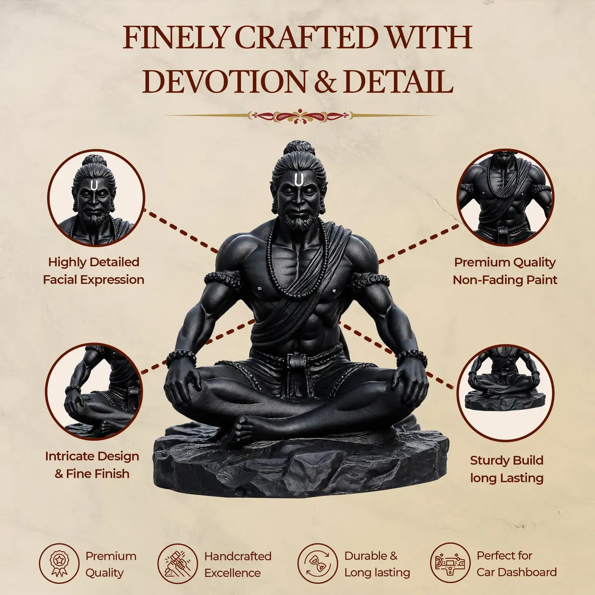 UNOVATE Lord Hanuman Idol for Car Dashboard, Home, Office Desk – Peace & Prosperity, Black Matte Finish - view 4