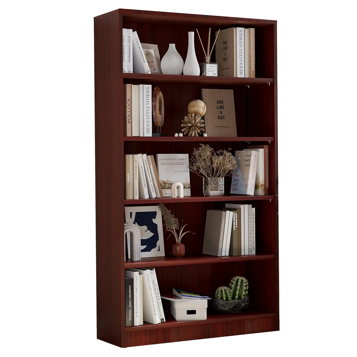 i-VTIES Bookcase Adjustable Storage Shelves 60-Inch Cherry | 5-Tier Modern Wood Bookcase for Bedroom & Office - main product image