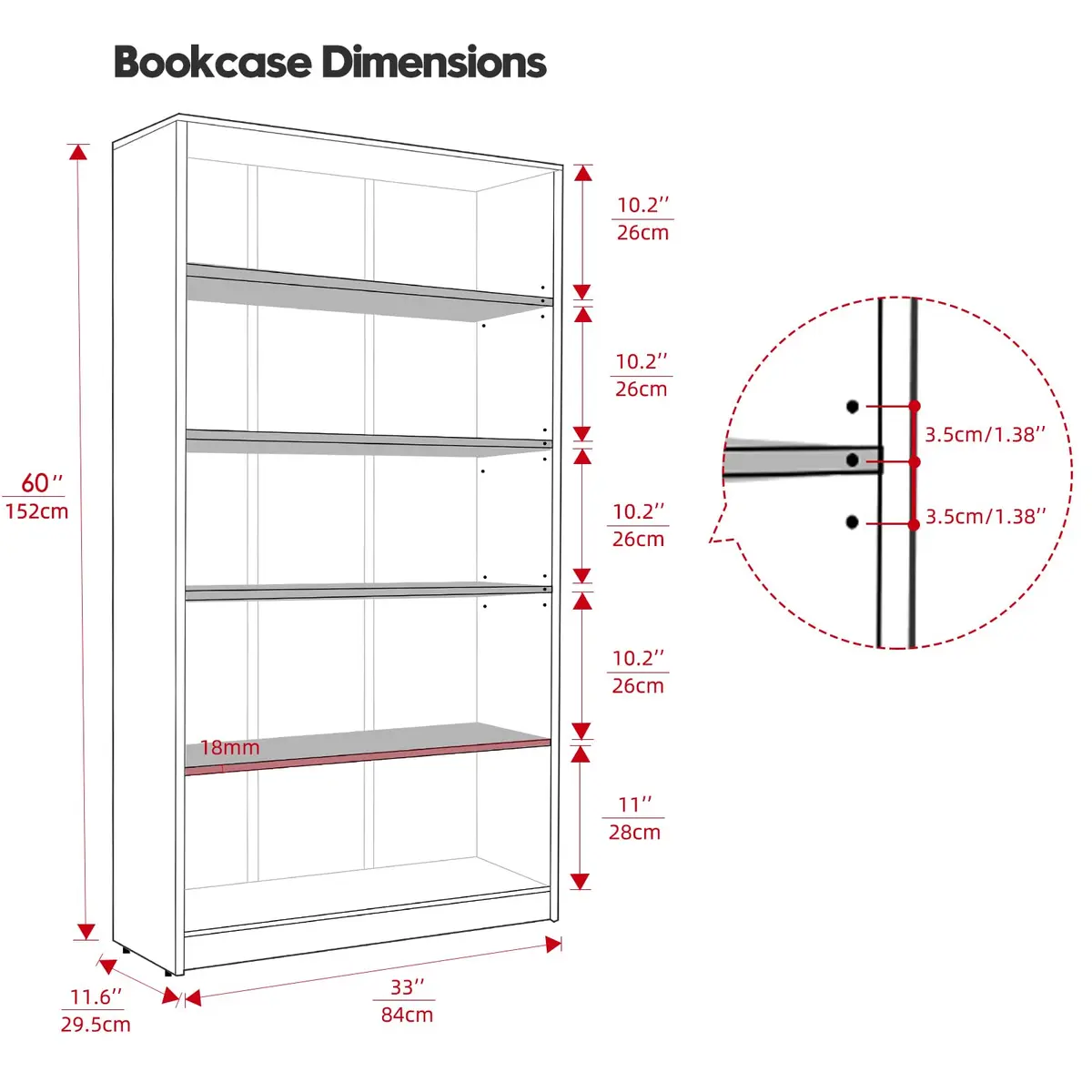 i-VTIES Bookcase Adjustable Storage Shelves 60-Inch Cherry | 5-Tier Modern Wood Bookcase for Bedroom & Office - view 5