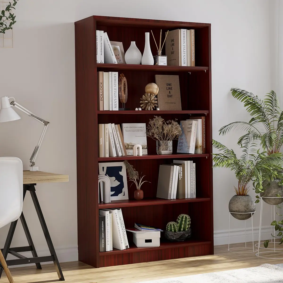 i-VTIES Bookcase Adjustable Storage Shelves 60-Inch Cherry | 5-Tier Modern Wood Bookcase for Bedroom & Office - view 6