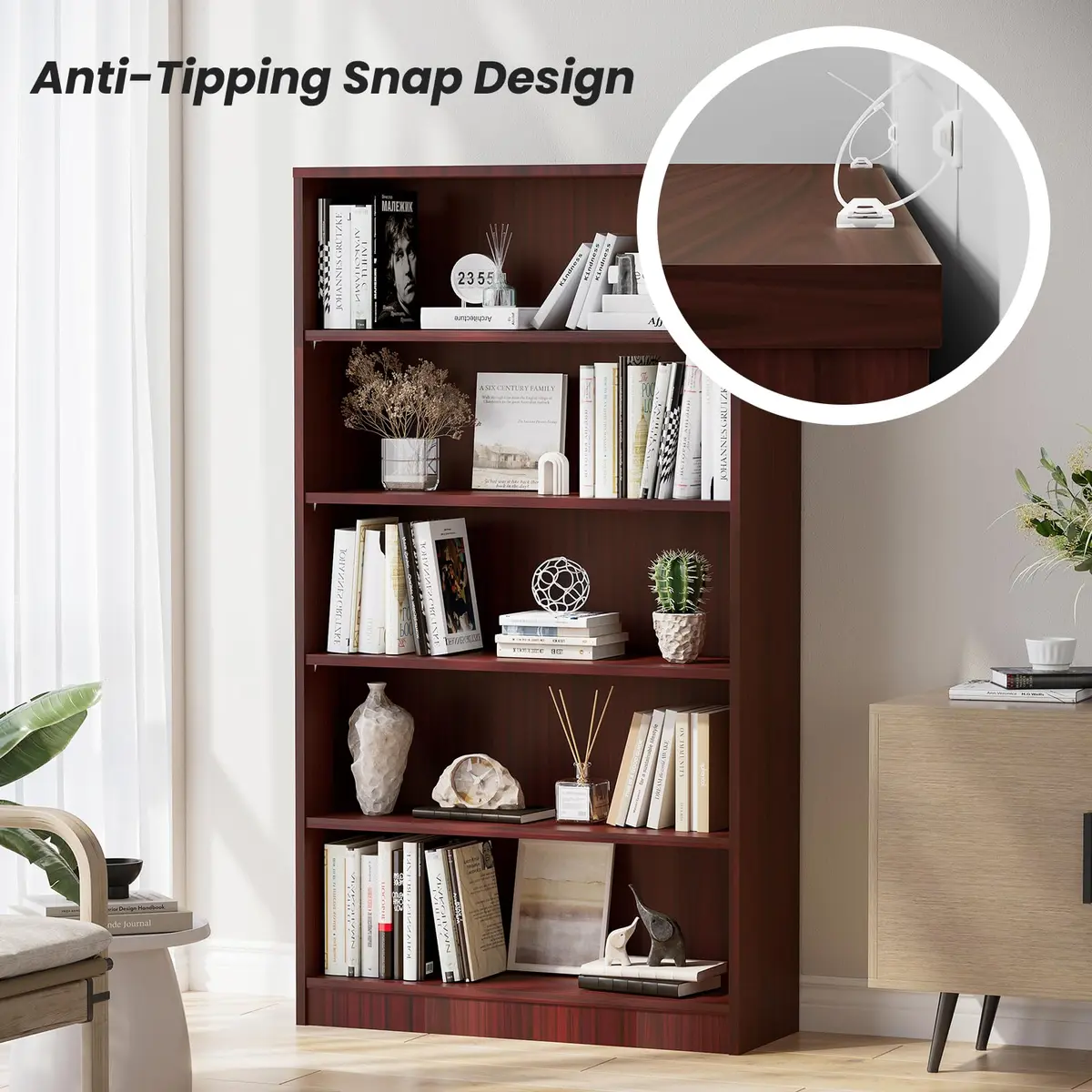 i-VTIES Bookcase Adjustable Storage Shelves 60-Inch Cherry | 5-Tier Modern Wood Bookcase for Bedroom & Office - view 2