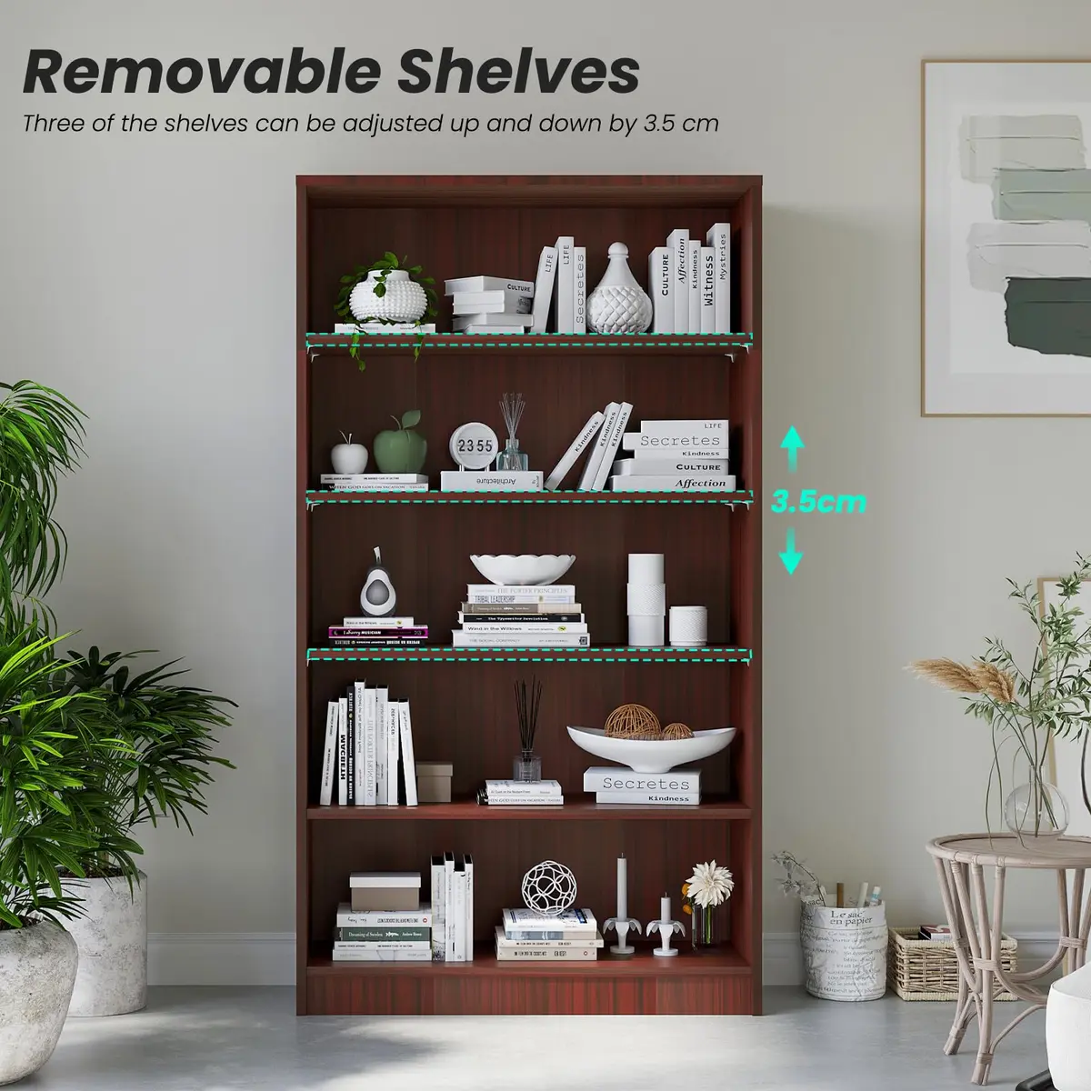 i-VTIES Bookcase Adjustable Storage Shelves 60-Inch Cherry | 5-Tier Modern Wood Bookcase for Bedroom & Office - view 3