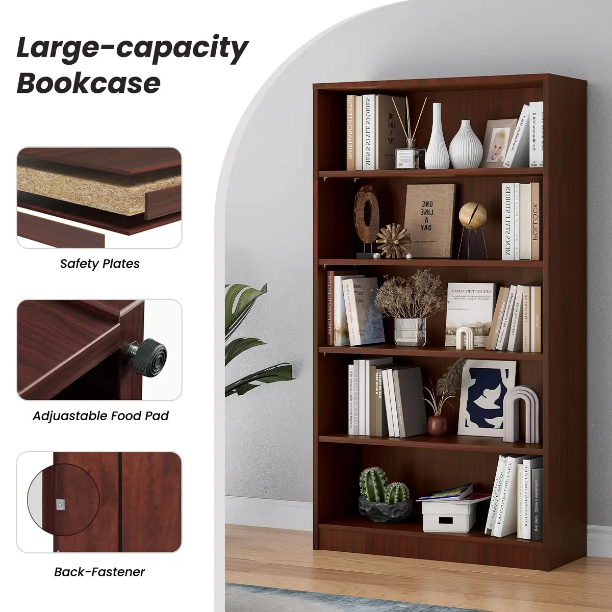 i-VTIES Bookcase Adjustable Storage Shelves 60-Inch Cherry | 5-Tier Modern Wood Bookcase for Bedroom & Office - view 4