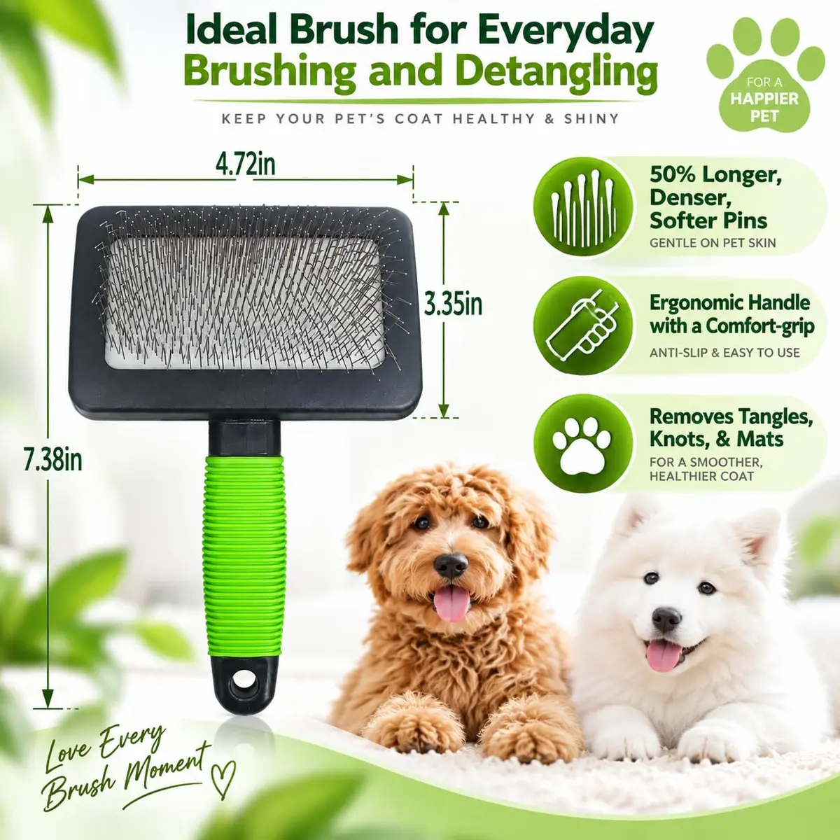 DSKRUI Large Slicker Brush for Dogs & Cats with Long Hair | 12.3cm (4.8 oz) Green - view 5