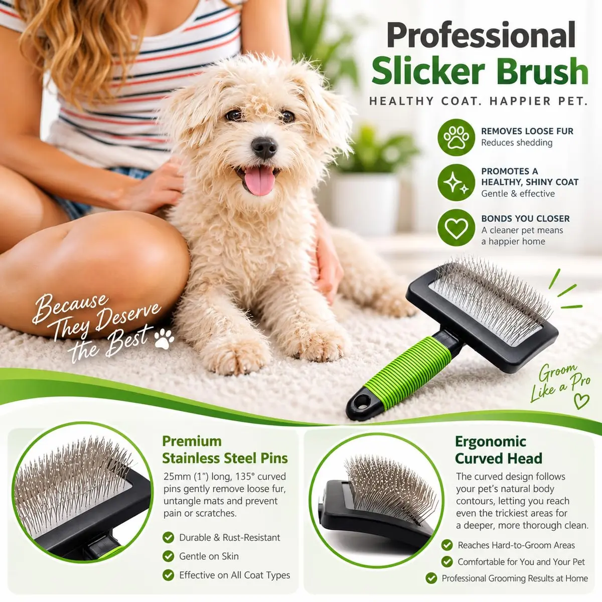 DSKRUI Large Slicker Brush for Dogs & Cats with Long Hair | 12.3cm (4.8 oz) Green - view 4