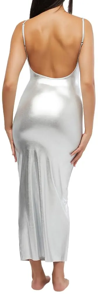 WEWOREWHAT Scoop Maxi Slip Dress 80% Nylon, 20% Spandex | Metallic Silver, XS | Low Back, Fitted, Spring/Summer - view 3