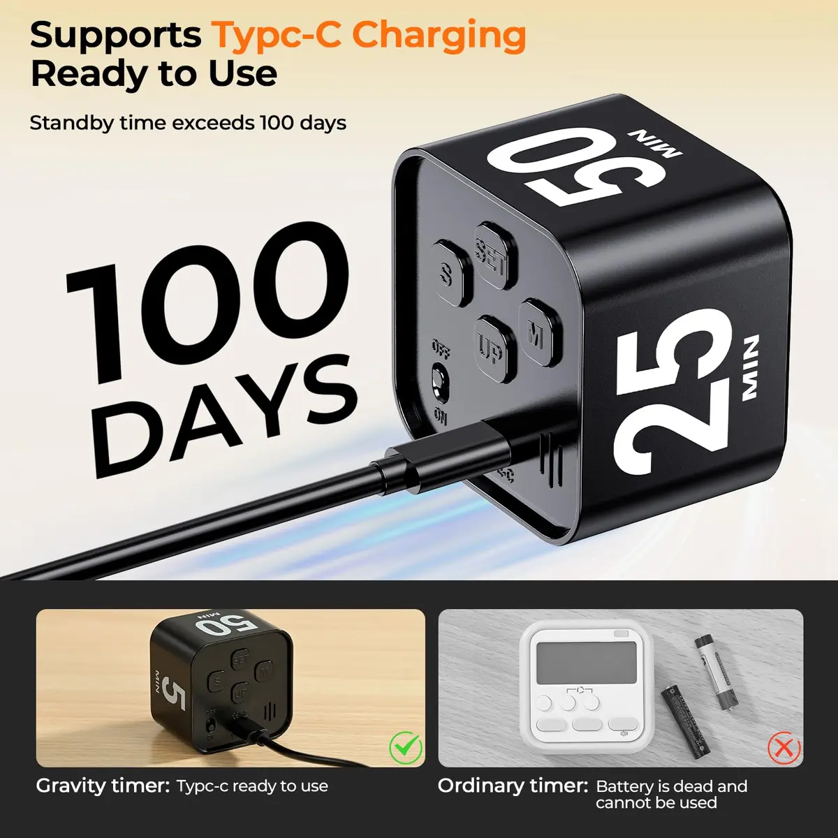 EooCoo Rotating Flip Timer 5/10/25/50 Min, USB-C Rechargeable, Visual Countdown & Stopwatch | ADHD Tools for Study & Work - view 7