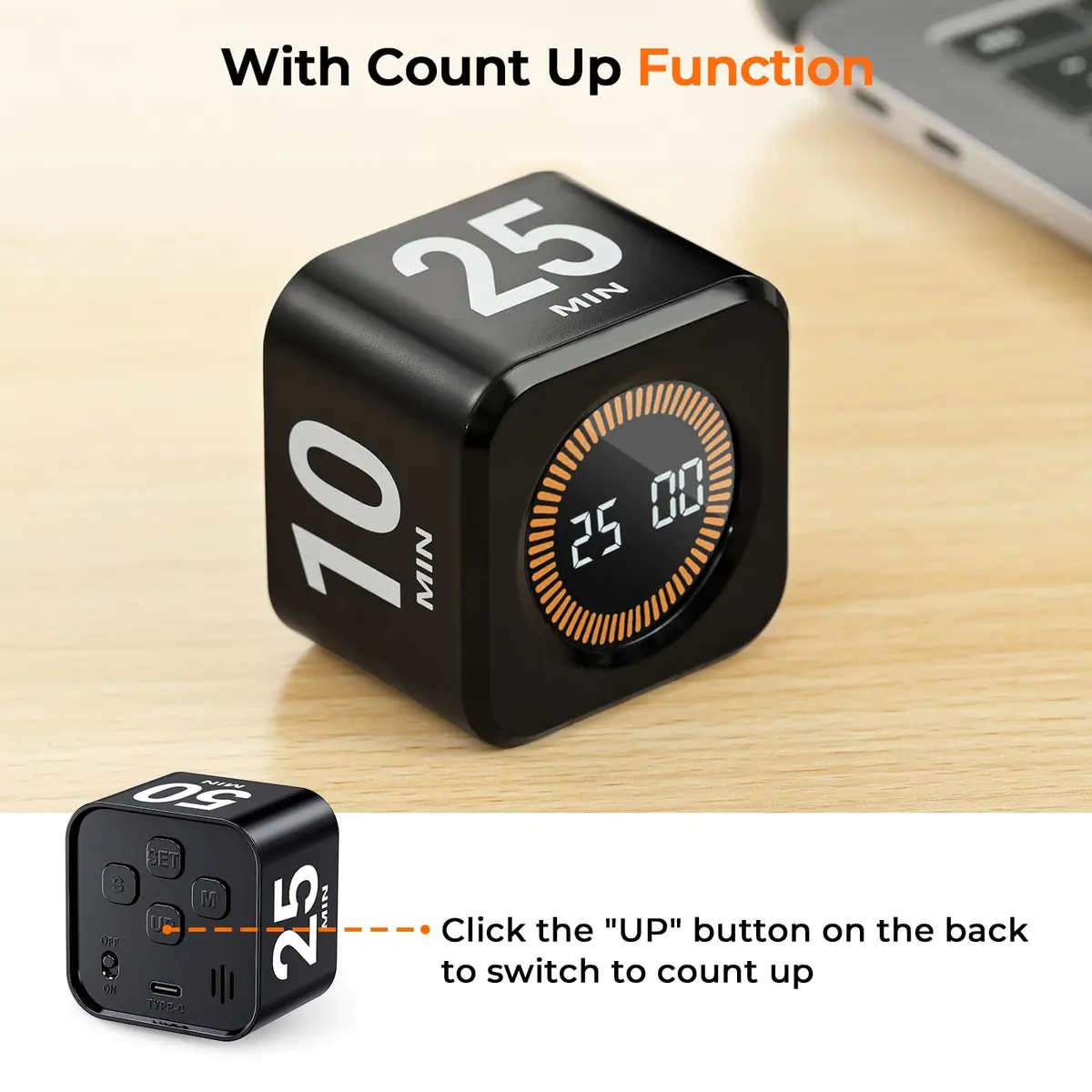 EooCoo Rotating Flip Timer 5/10/25/50 Min, USB-C Rechargeable, Visual Countdown & Stopwatch | ADHD Tools for Study & Work - view 8