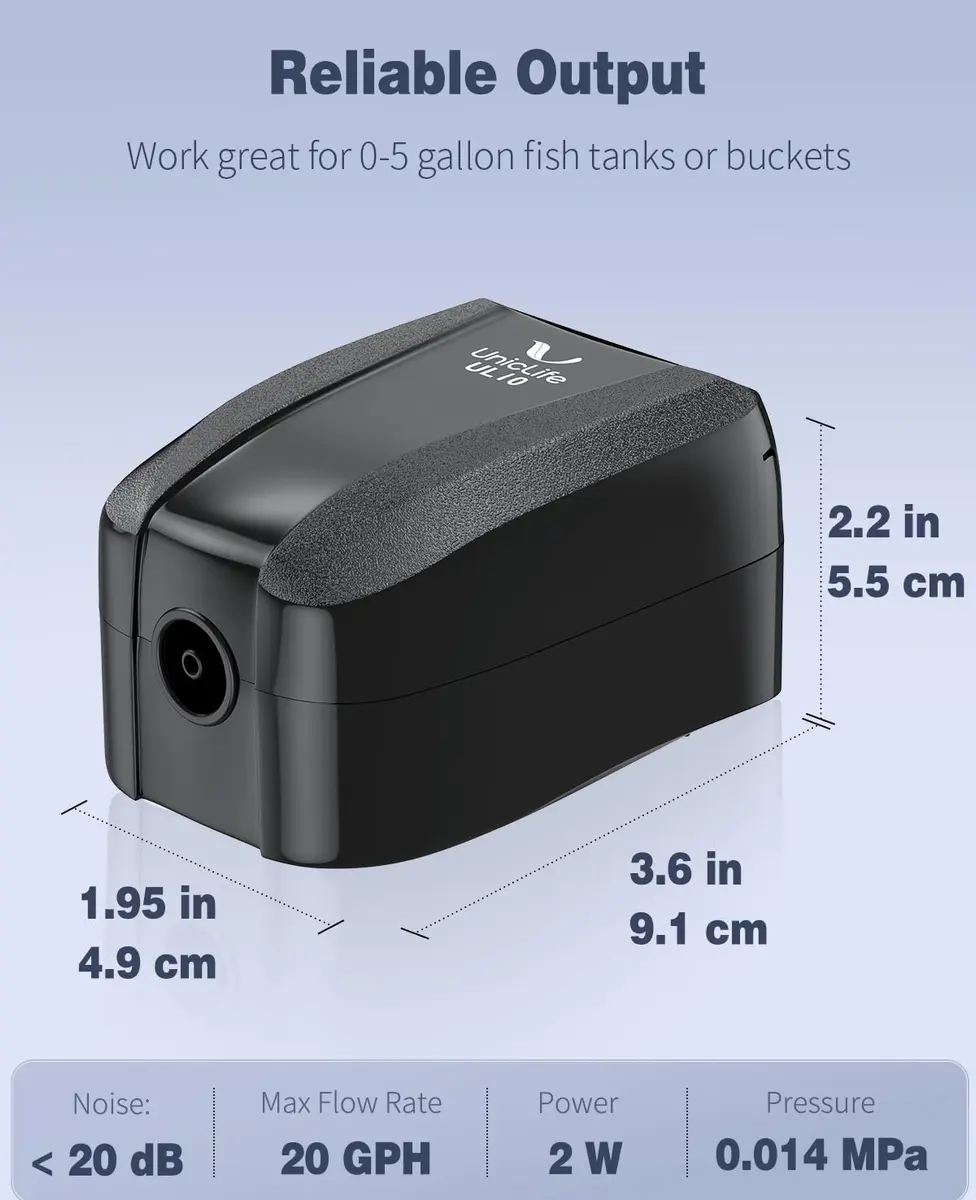 Uniclife Aquarium Air Pump 20 GPH | Ultra-Quiet Fish Tank Oxygen Pump for Tanks up to 5 Gallons - view 5