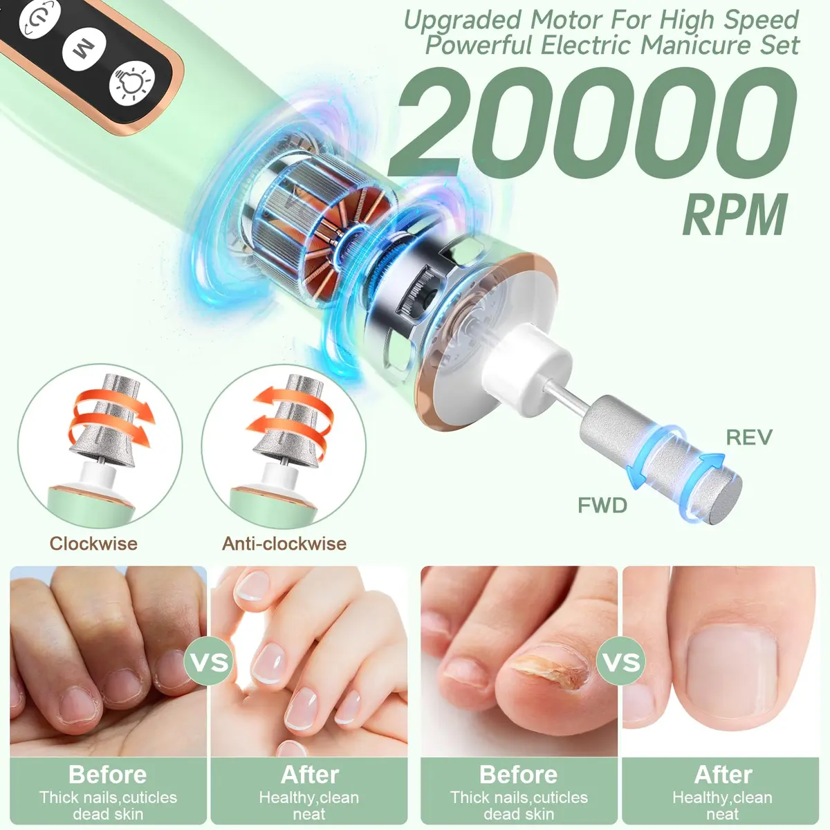 Hoxida Professional Cordless Electric Nail Drill Kit with 360° LED Light & 10 Speeds | 20,000 RPM - view 3