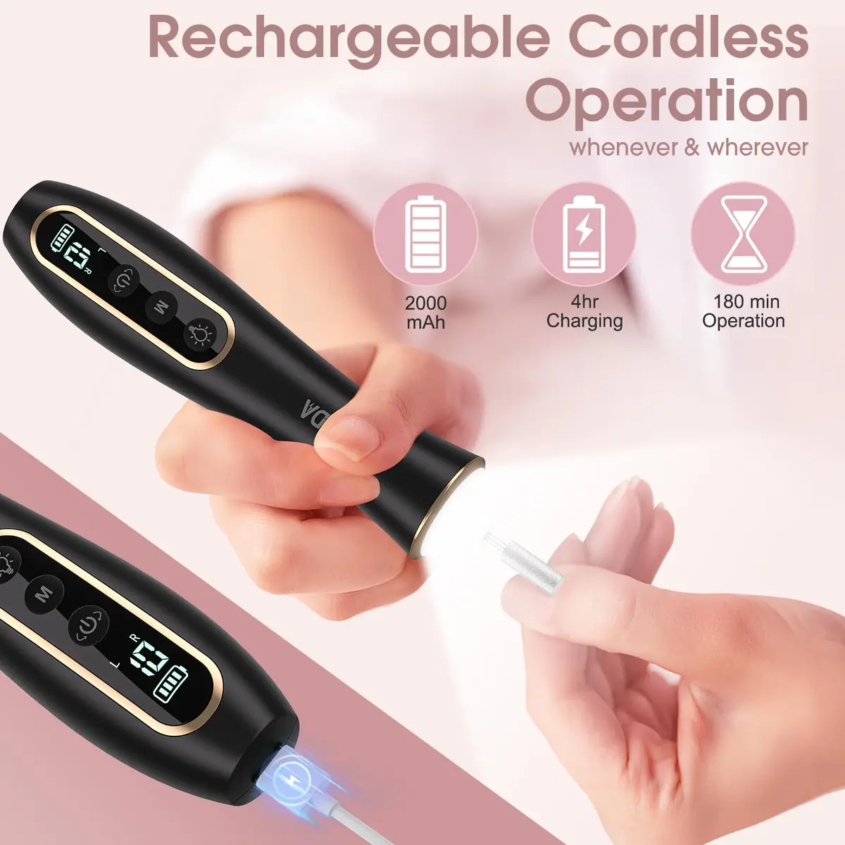 Hoxida Professional Nail Drill Kit Pink | 20,000 RPM Cordless Electric Nail File with 360° LED Light & 12 Bits - view 7