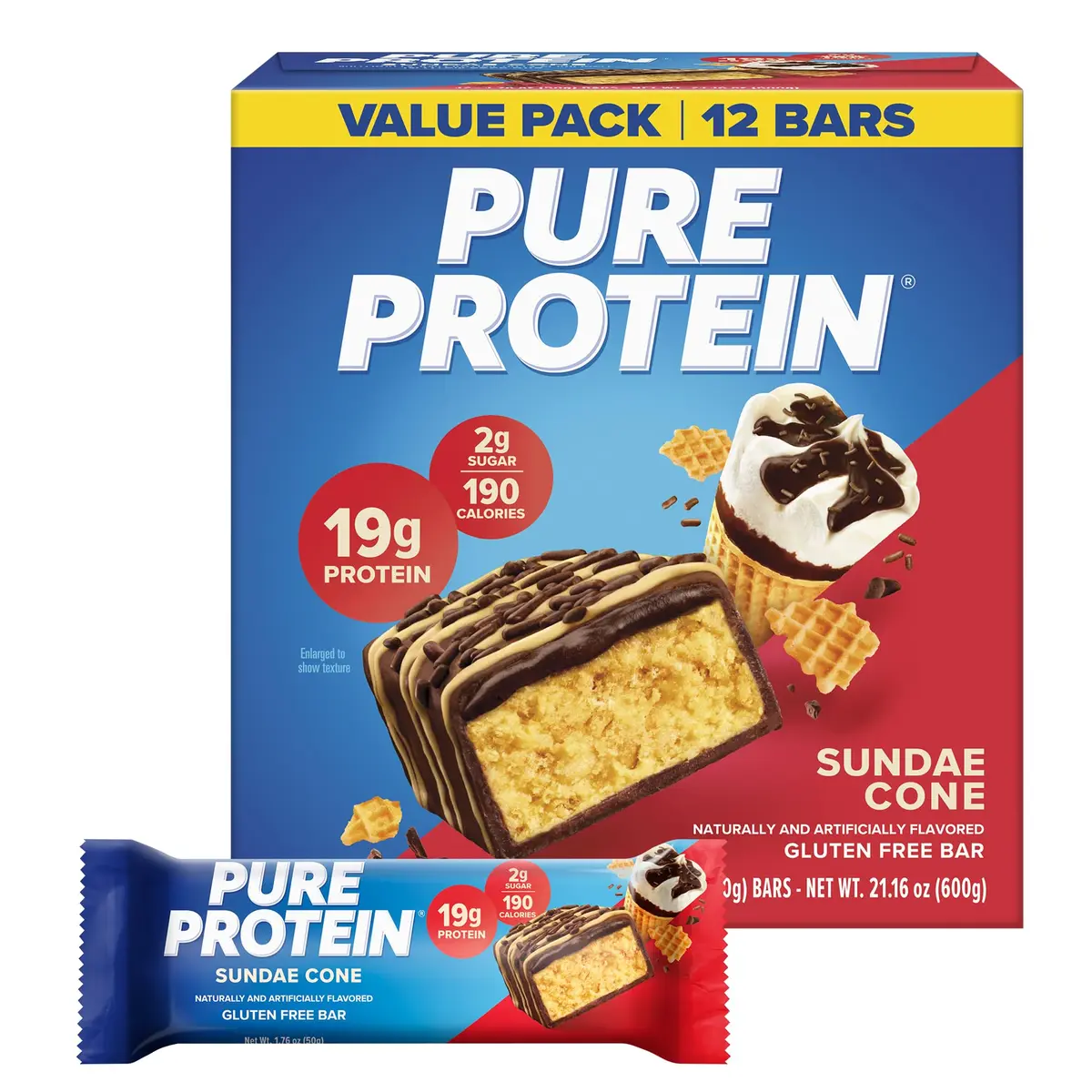 Pure Protein Sundae Cone Protein Bars 20g Protein 12 Ct | Gluten Free Snack Bar - main product image
