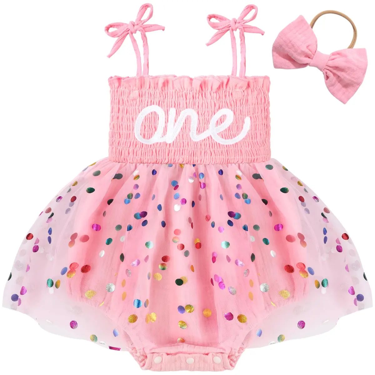 HONGTEYA Baby Girl 1st Birthday Romper Tulle Dress with Headband - 12-18 Months - main product image