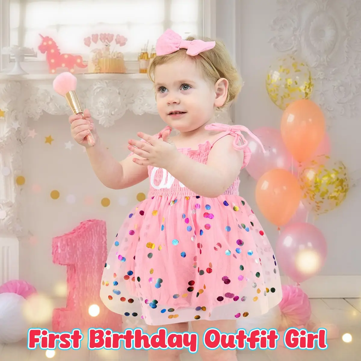 HONGTEYA Baby Girl 1st Birthday Romper Tulle Dress with Headband - 12-18 Months - view 3