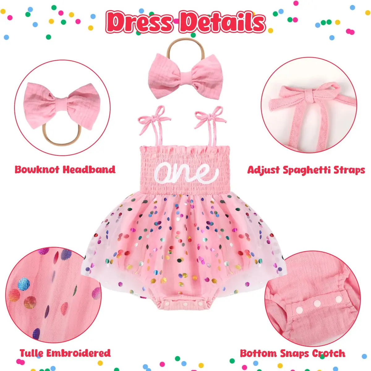 HONGTEYA Baby Girl 1st Birthday Romper Tulle Dress with Headband - 12-18 Months - view 4