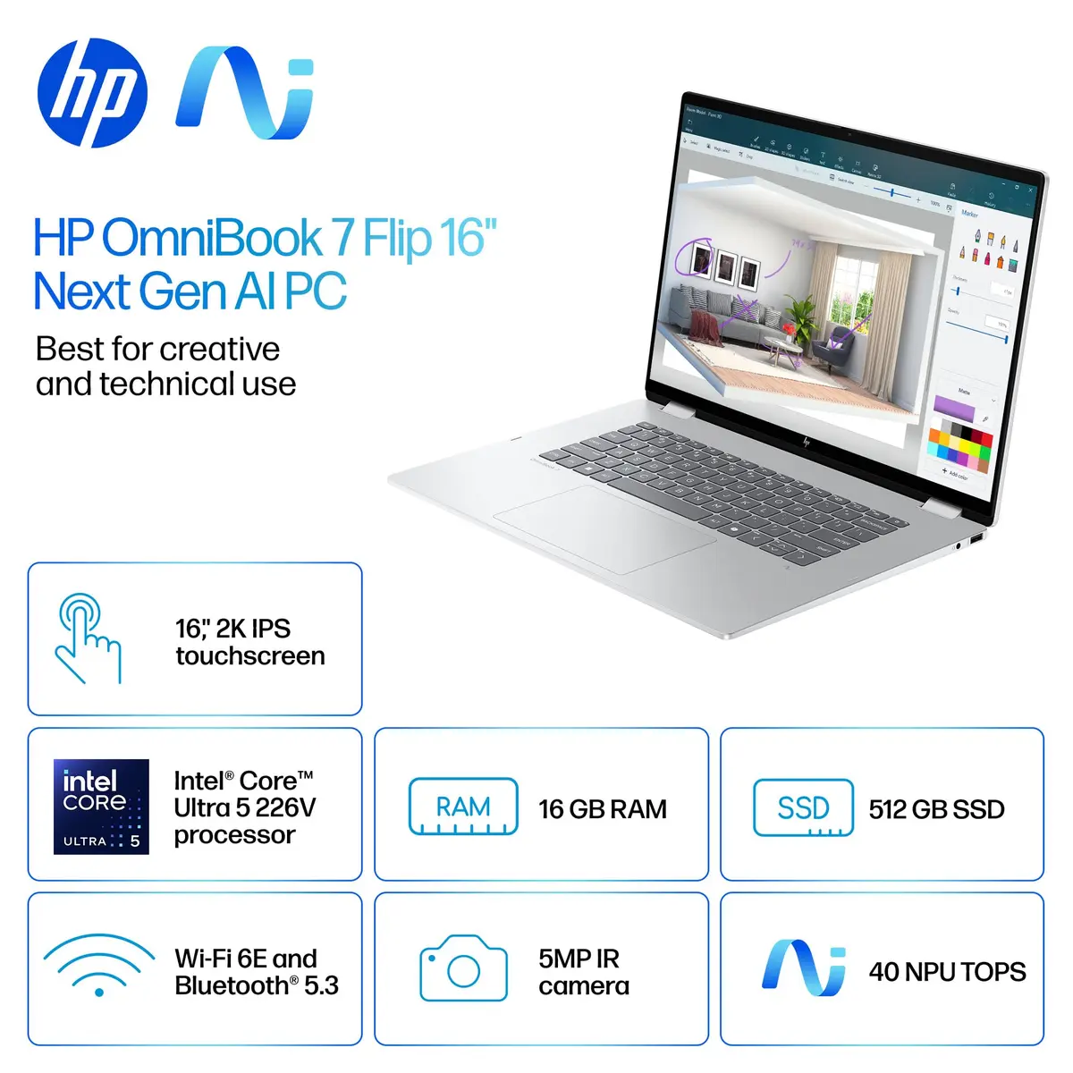 HP OmniBook 7 Flip 16-inch 2-in-1 AI PC | 2K Touchscreen, Intel Ultra 5, 16GB RAM, 512GB SSD - view 2
