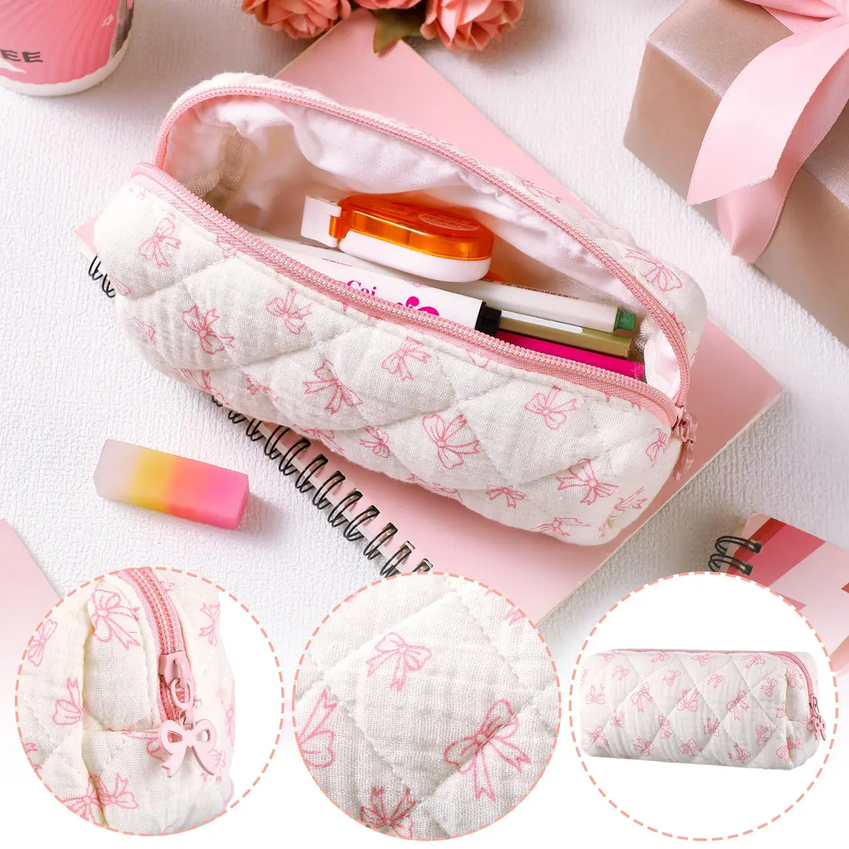 Sherr Coquette Bow Pencil Case Pink Bow 7.48 Inch | Lightweight & Travel Friendly - view 3