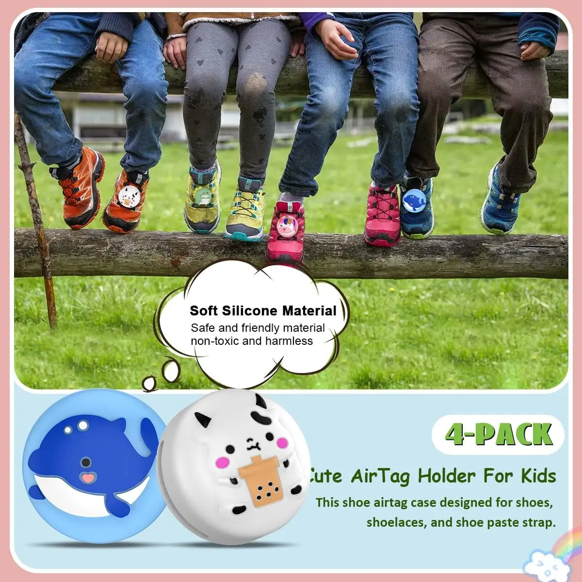 BIQIRE AirTag Shoes Holder 4-Pack (Gen 1 & 2) | Waterproof Silicone Cartoon Case for Kids Shoelaces & Straps (Green/White/Blue/Pink) - view 2