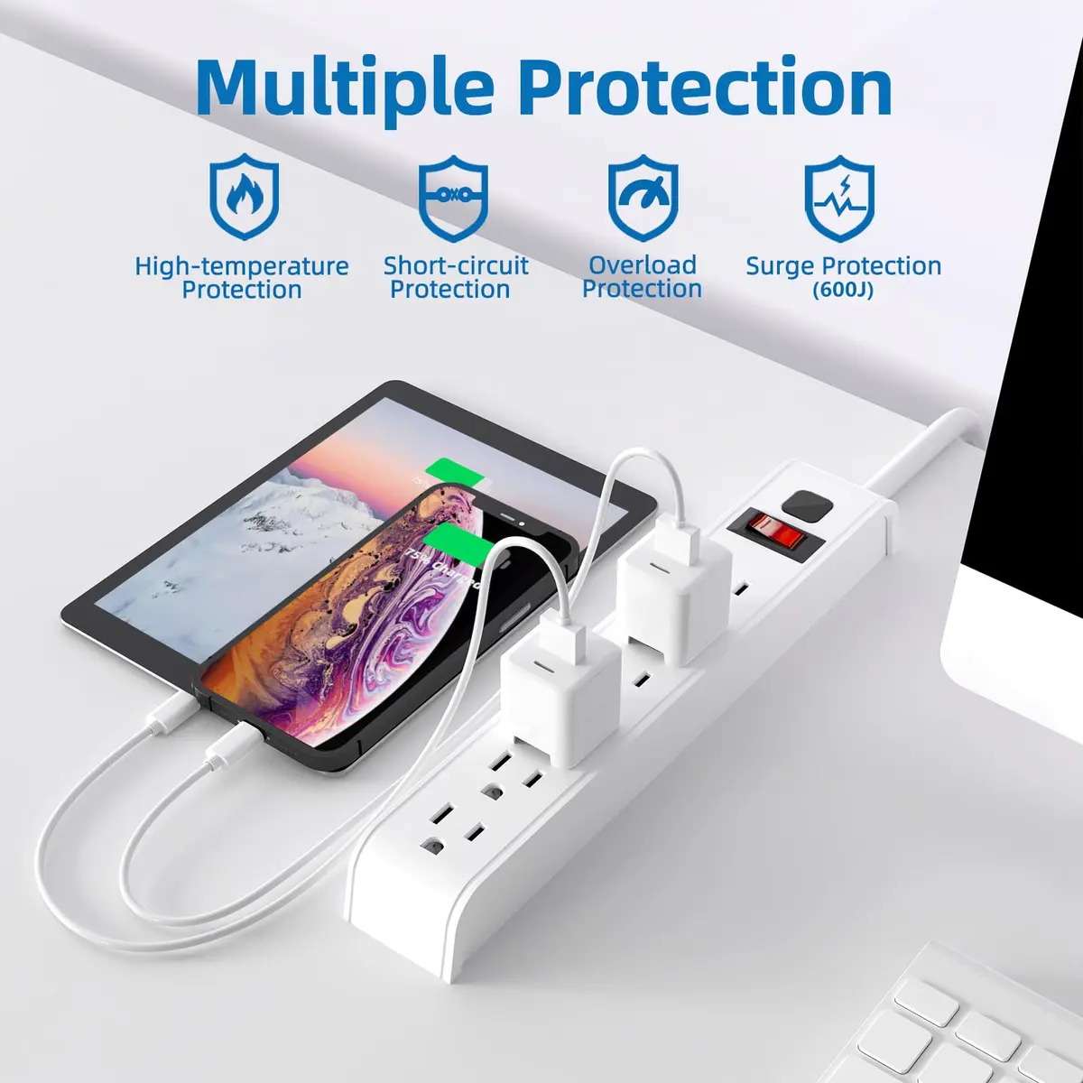 Tiffcofio Surge Protector Power Strip, 6 ft Extension Cord, 600 Joules Surge Protection, 6 Outlets, 15A/1875W | ETL Listed - view 6