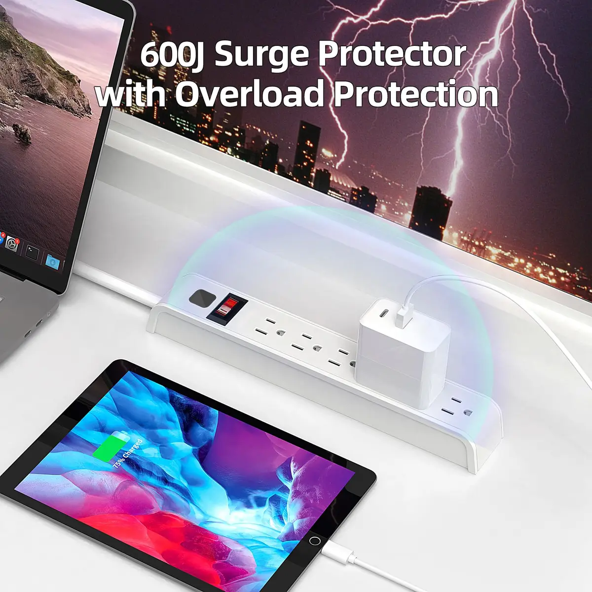 Tiffcofio Surge Protector Power Strip, 6 ft Extension Cord, 600 Joules Surge Protection, 6 Outlets, 15A/1875W | ETL Listed - view 7