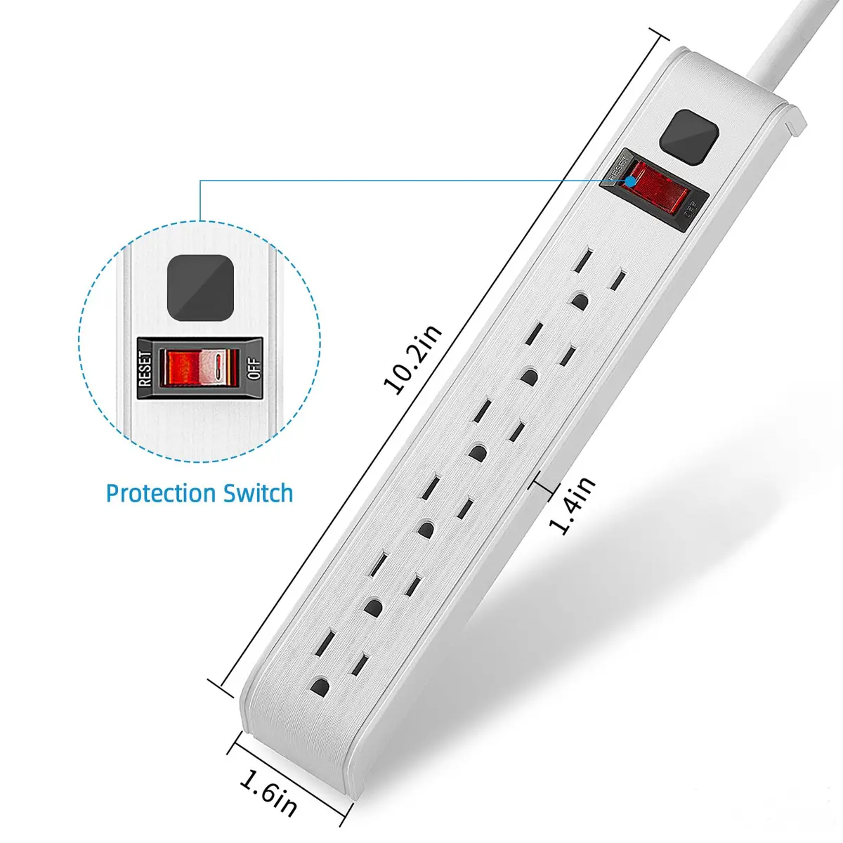 Tiffcofio Surge Protector Power Strip, 6 ft Extension Cord, 600 Joules Surge Protection, 6 Outlets, 15A/1875W | ETL Listed - view 8