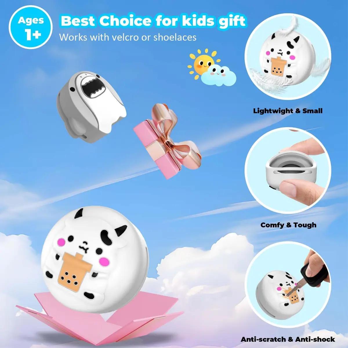 BIQIRE AirTag Shoes Holder 2 Pack | Waterproof Silicone Cartoon Cute Airtag Case for Kids Shoelaces & Straps (White & Grey) - view 4