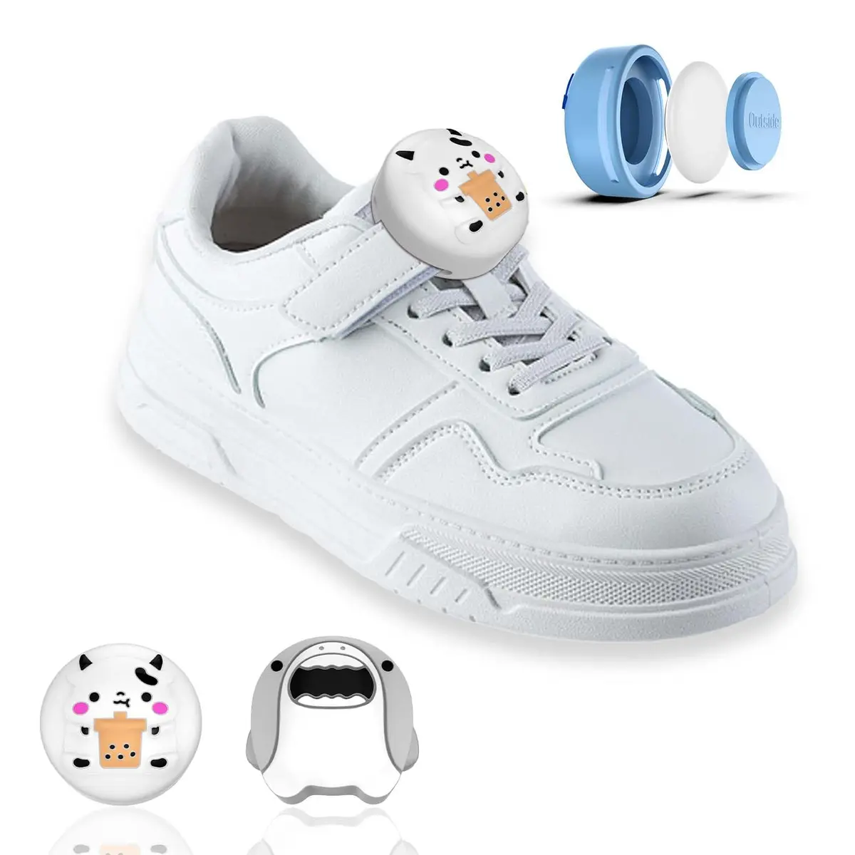 BIQIRE AirTag Shoes Holder 2 Pack | Waterproof Silicone Cartoon Cute Airtag Case for Kids Shoelaces & Straps (White & Grey) - main product image