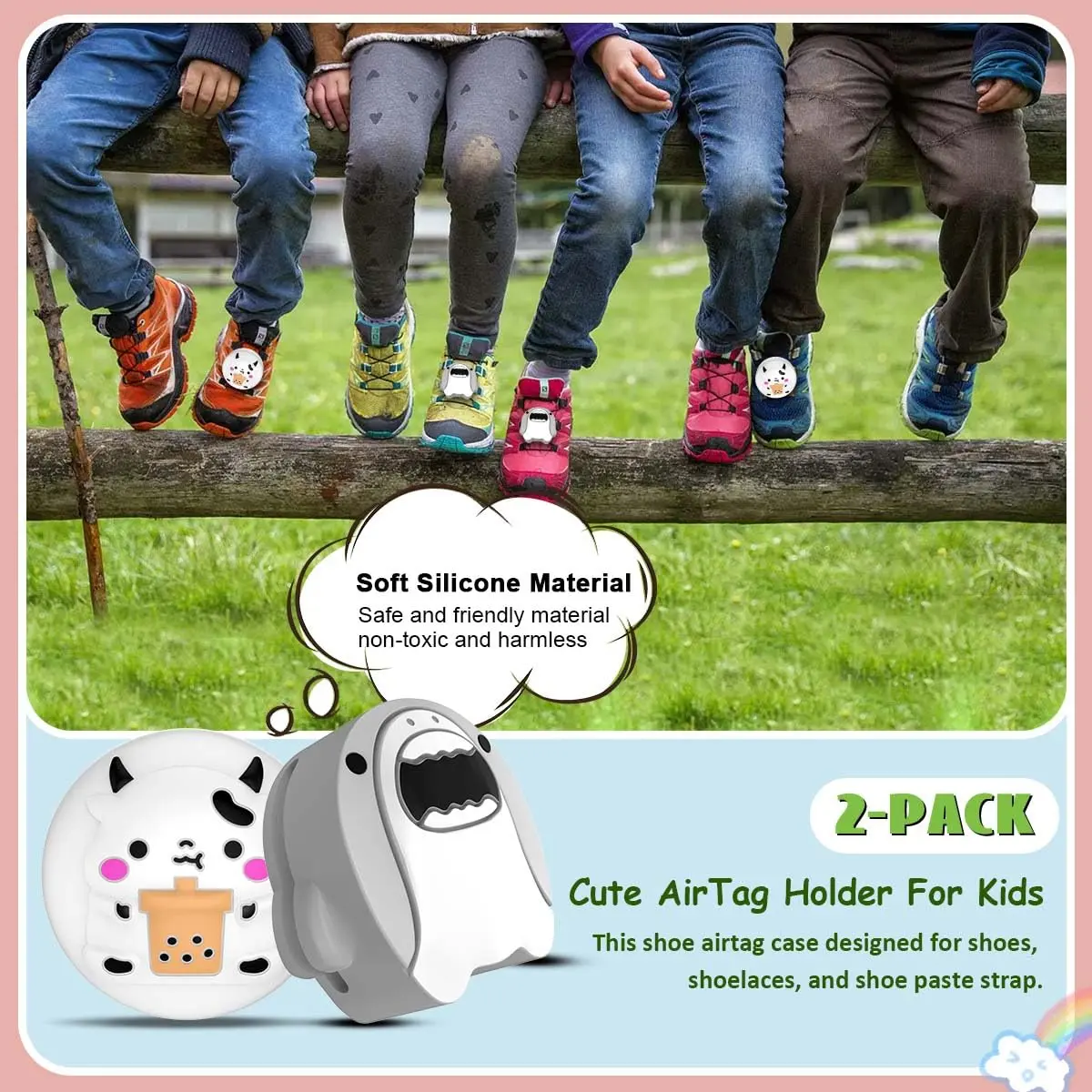 BIQIRE AirTag Shoes Holder 2 Pack | Waterproof Silicone Cartoon Cute Airtag Case for Kids Shoelaces & Straps (White & Grey) - view 2