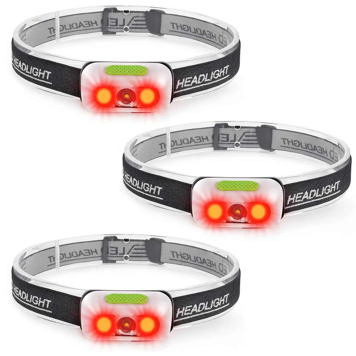 Geekhigh 500 Lumen Rechargeable Headlamp with Red Light 3PACK | IP54 Water-Resistant, 5 Modes, USB Rechargeable, Adult Outdoor Use - main product image