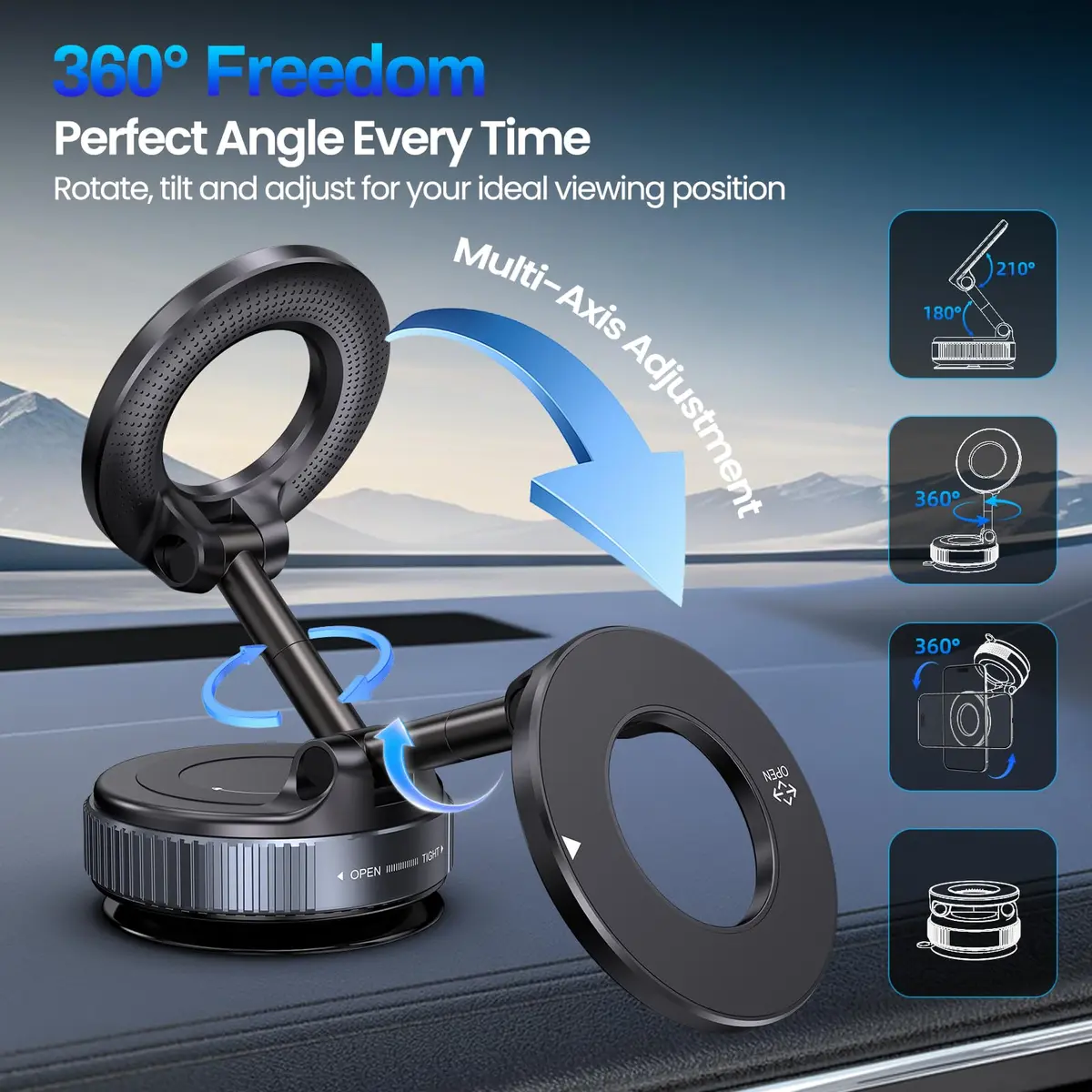 Jikasho Magnetic Phone Holder for Car, Suction Cup Mount, MagSafe Compatible, Space Grey | 360° Adjustable - view 4