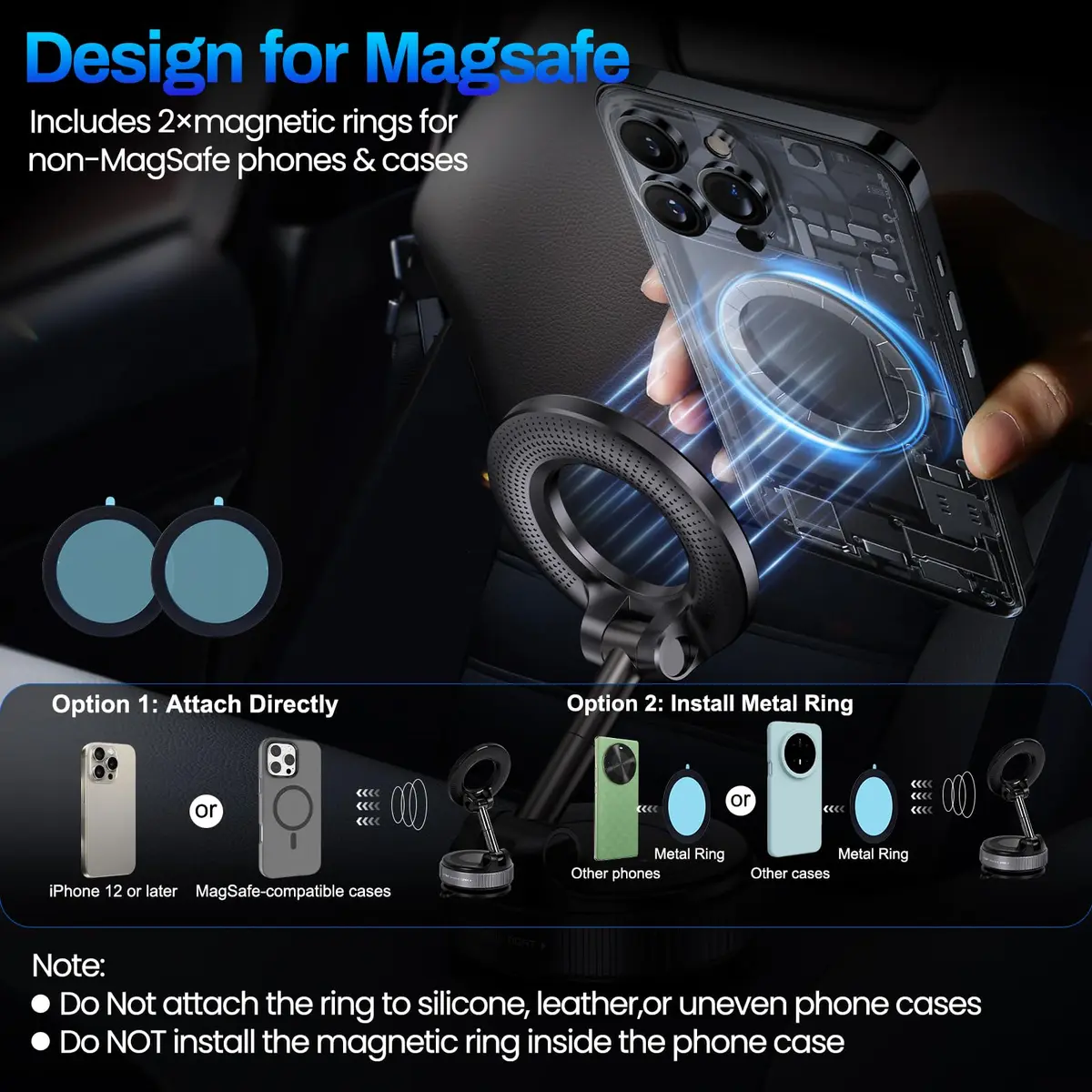 Jikasho Magnetic Phone Holder for Car, Suction Cup Mount, MagSafe Compatible, Space Grey | 360° Adjustable - view 6