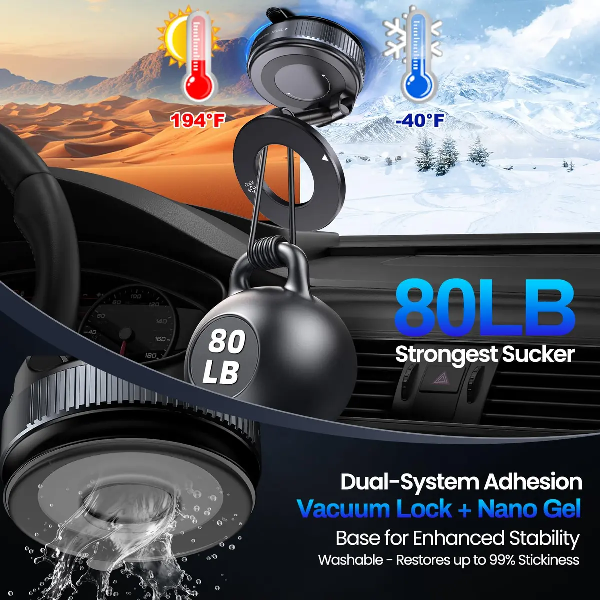 Jikasho Magnetic Phone Holder for Car, Suction Cup Mount, MagSafe Compatible, Space Grey | 360° Adjustable - view 3