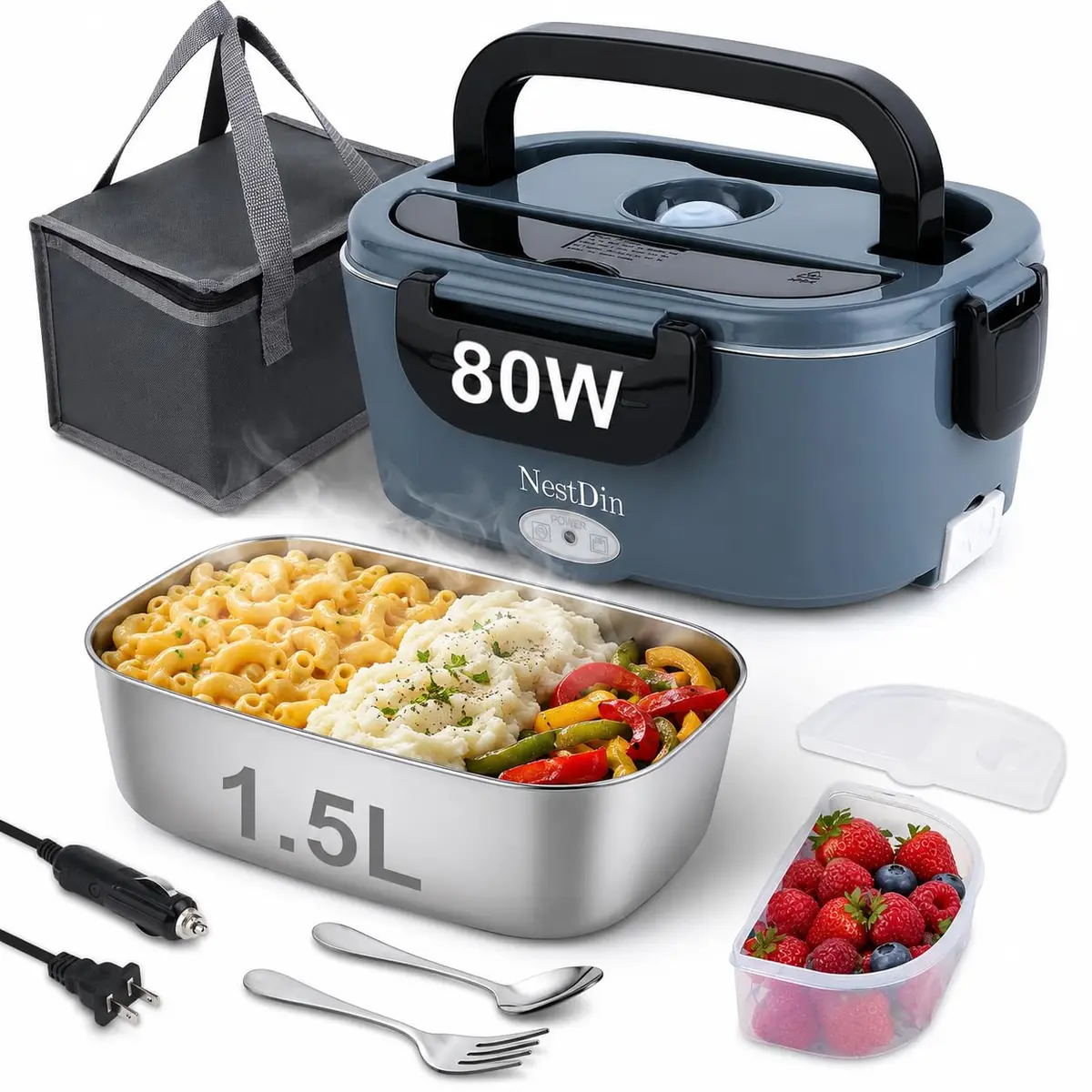 NestDin Electric Lunch Box 1.5L | Rapid 80W Heating, Leakproof & Food-Grade Steel - main product image