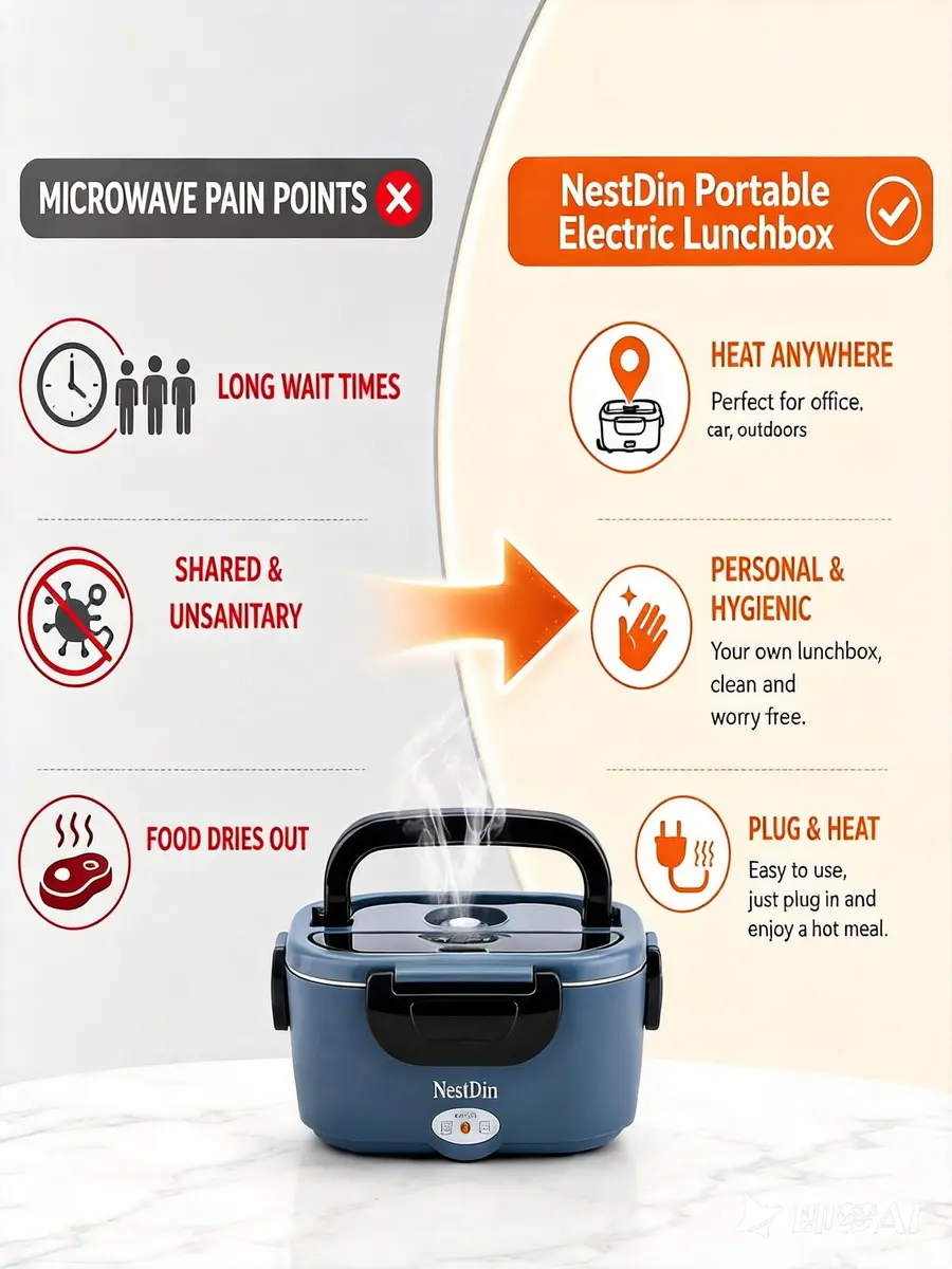 NestDin Electric Lunch Box 1.5L | Rapid 80W Heating, Leakproof & Food-Grade Steel - view 3