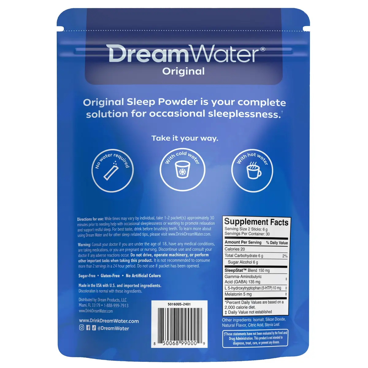 Dream Water Sleep Powder 60-Count | Sugar-Free, Gluten-Free, Natural Flavors, GABA, Melatonin, 5-HTP - view 7