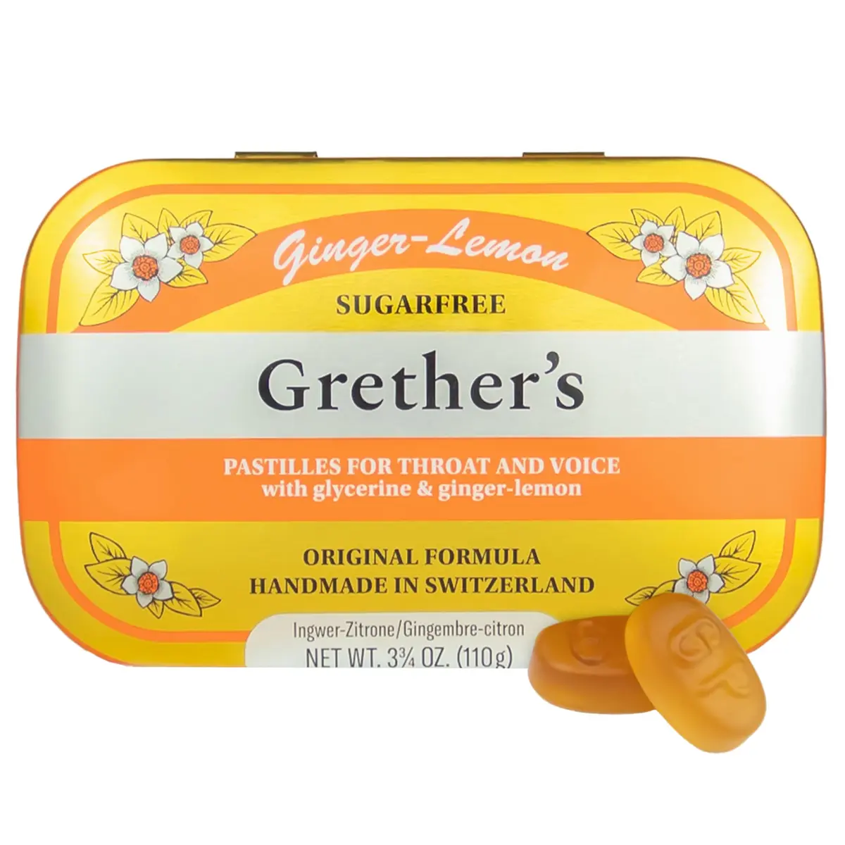 GRETHER'S Sugarfree Ginger Lemon Pastilles 3.75 oz | Swiss Sugar-Free Throat Lozenges for Dry Mouth & Voice - main product image