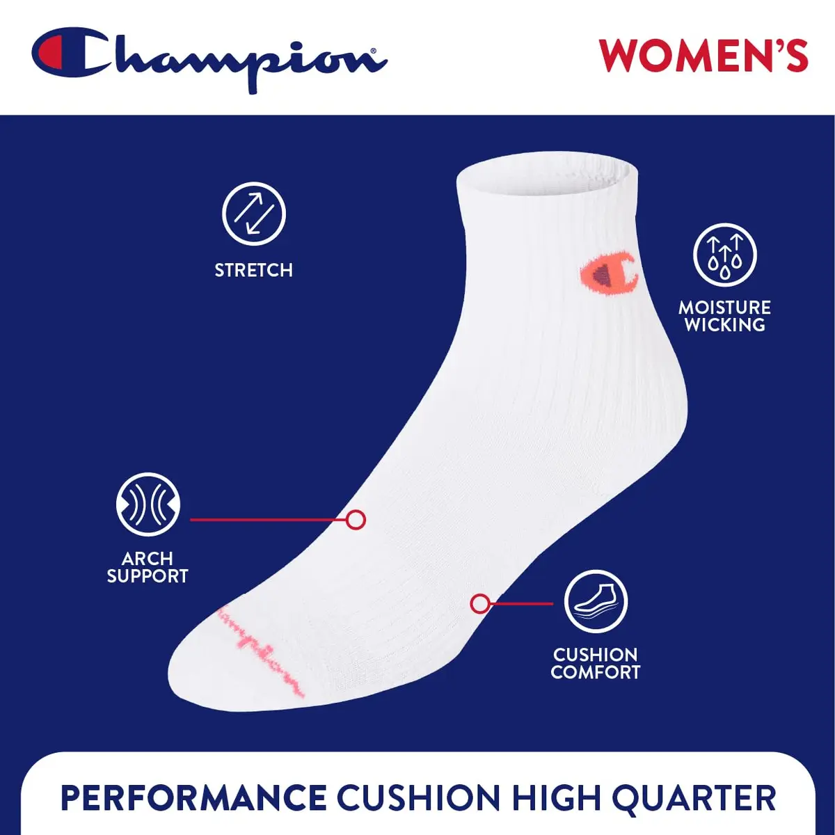 Champion Women's High Quarter Socks Size 5-9 | Cushioned Moisture-Wicking Ankle Socks - view 4