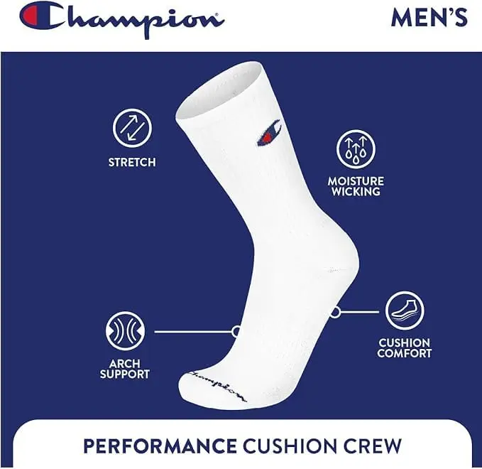 Champion Men's Crew Athletic Socks | Moisture-Wicking, Cushioned, Arch Support (Fits Shoe Size 6-12.5) - view 4