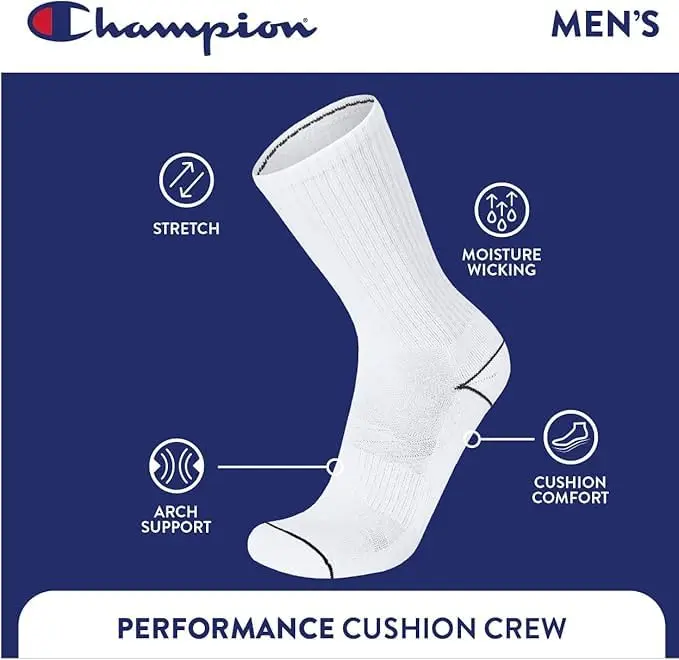 Champion Men's Crew Athletic Socks | Moisture-Wicking, Cushioned Fit (6-12.5 US Men) - view 4