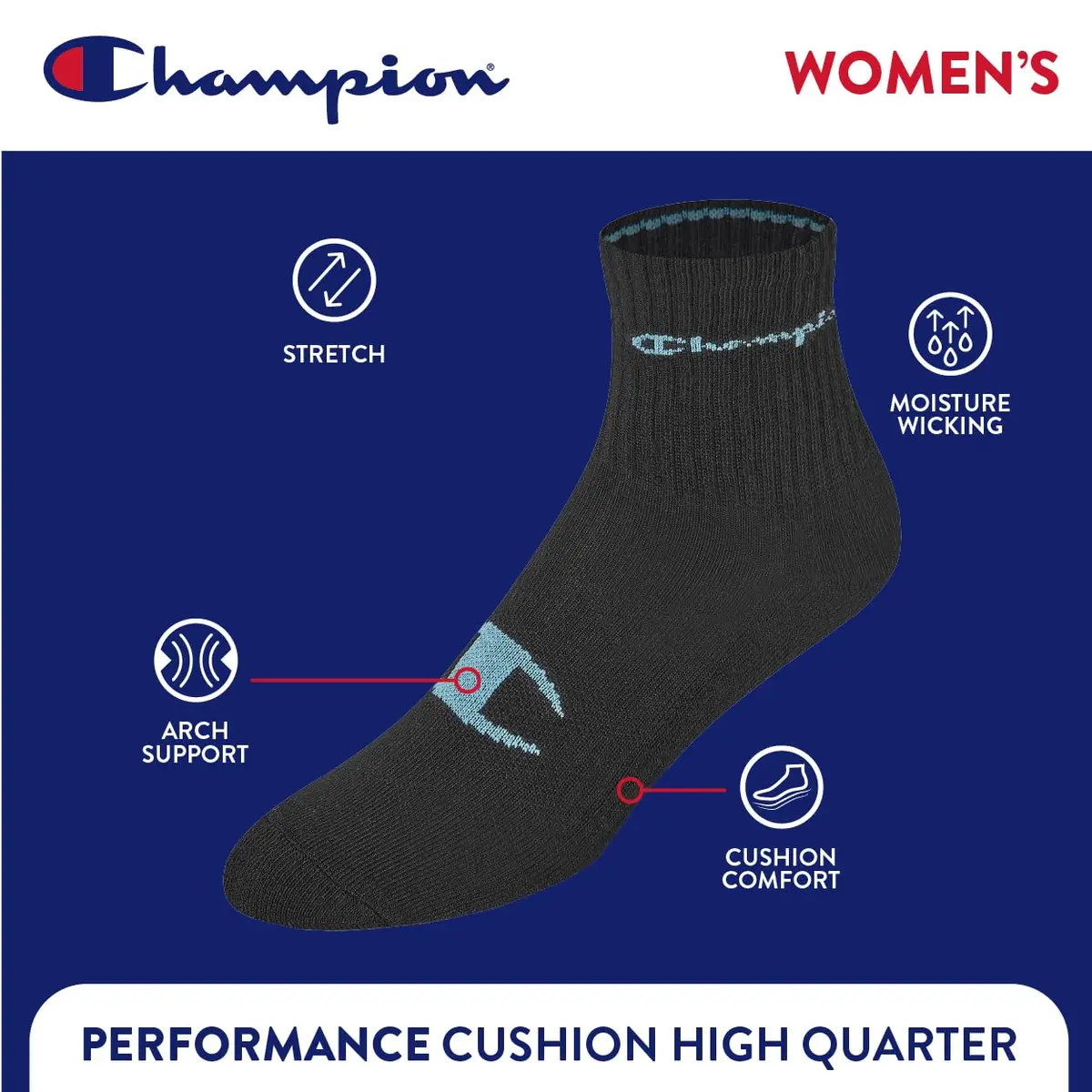 Champion Women's High Quarter Cushioned Athletic Socks, 6-Pack | Moisture-Wicking & Supportive Fit - view 4