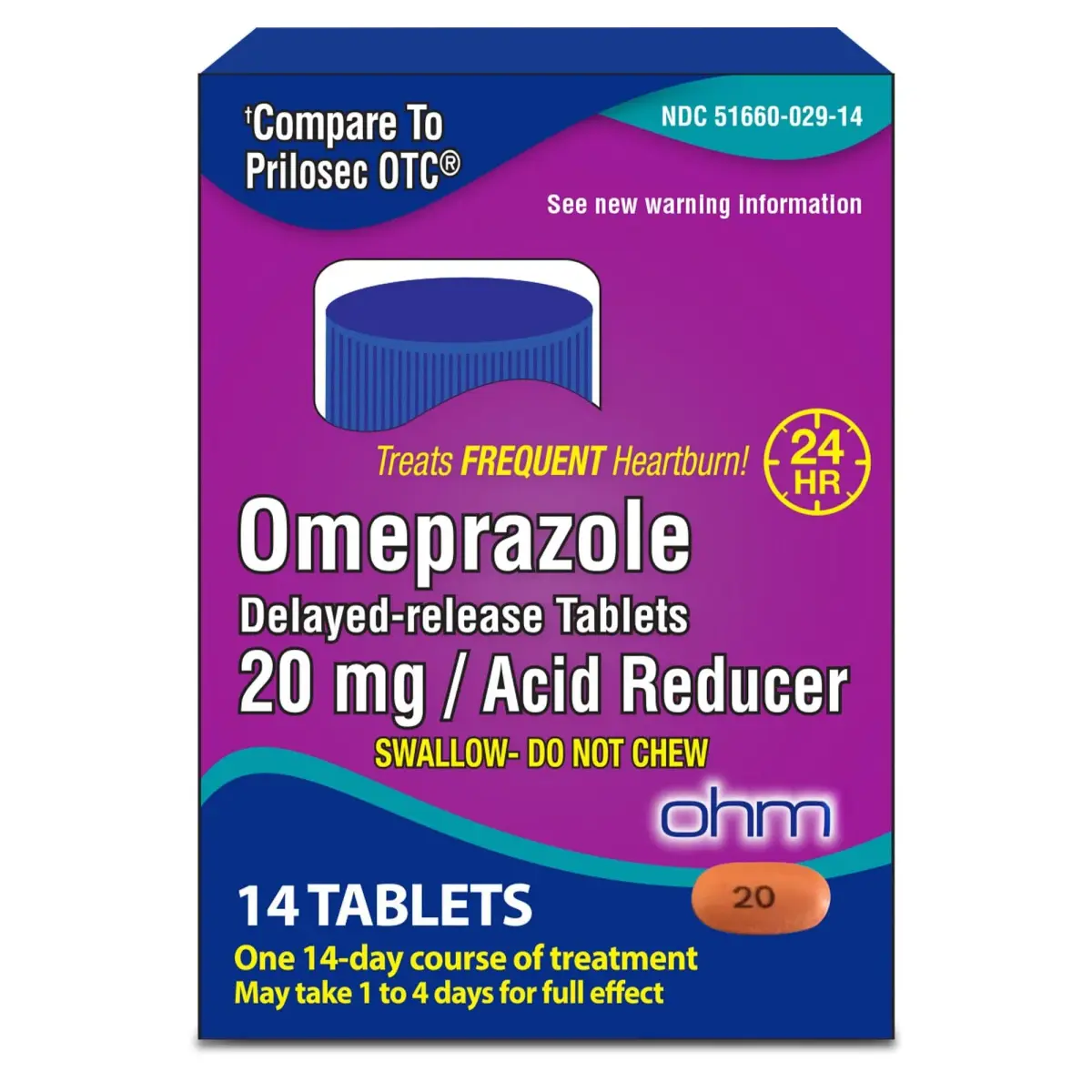 Ohm Omeprazole 20mg Delayed-Release Tablets 14 Count | Acid Reducer for Frequent Heartburn - main product image