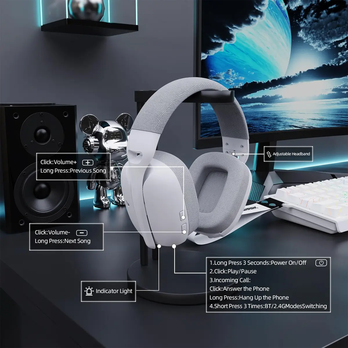 ATTACK SHARK L80 PRO Wireless Gaming Headset with Detachable Mic & Tri-Mode Connectivity (White) - view 8