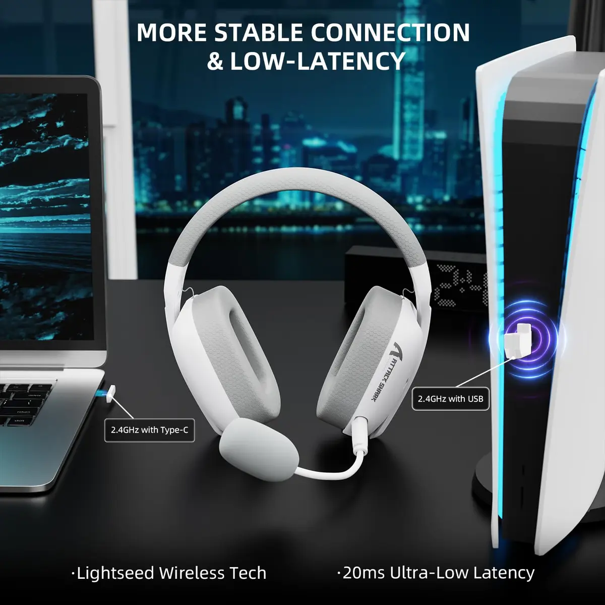 ATTACK SHARK L80 PRO Wireless Gaming Headset with Detachable Mic & Tri-Mode Connectivity (White) - view 2