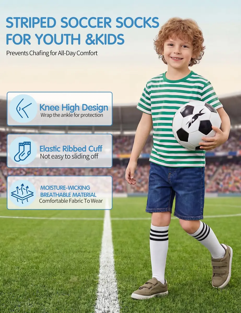 TOCONFFON Youth Soccer Socks Kids Boys Girls Knee High Long Socks 10-12 | Soft, Durable Cotton Blend for Active Kids - view 4