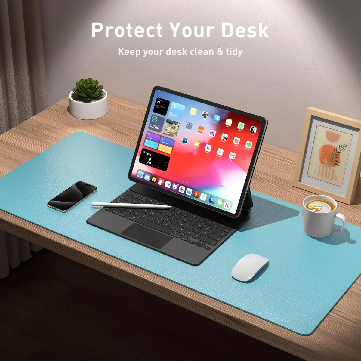 Aothia Large PU Leather Desk Pad Protector (36" x 17", Blue Topaz) | Smooth Writing Surface for Office & Home - view 4