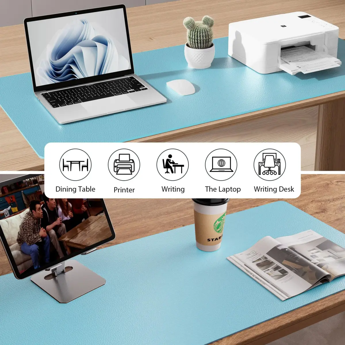 Aothia Large PU Leather Desk Pad Protector (36" x 17", Blue Topaz) | Smooth Writing Surface for Office & Home - view 5