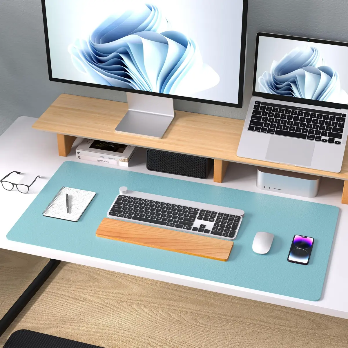 Aothia Large PU Leather Desk Pad Protector (36" x 17", Blue Topaz) | Smooth Writing Surface for Office & Home - view 8