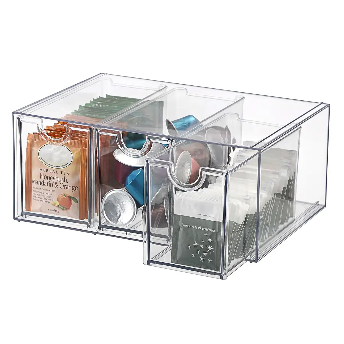 ELLDOO 3 Drawers Tea Bag Organizer Box, Clear Acrylic Stackable Tea Storage for Kitchen Pantry, Coffee Pod Snack - main product image